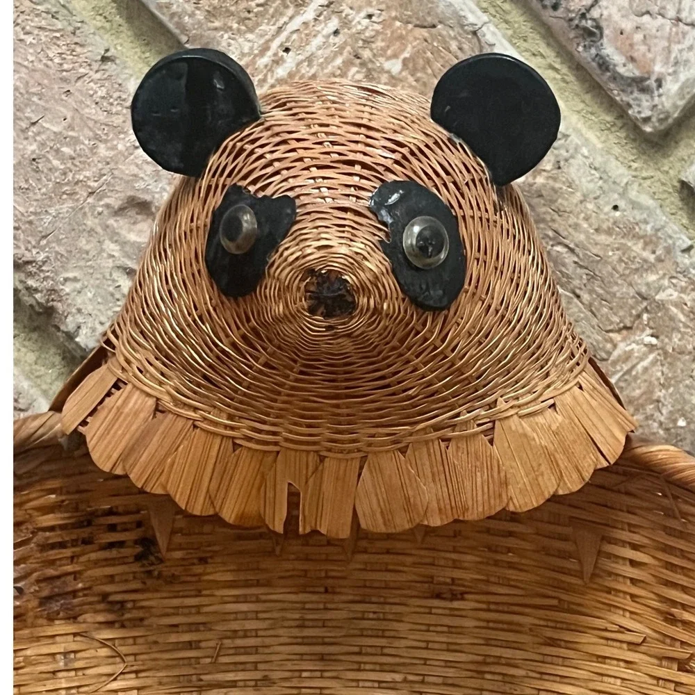 Vtg Shanghai Wicker Rare Panda basket wood and wicker Boho woven rattan Folk Art